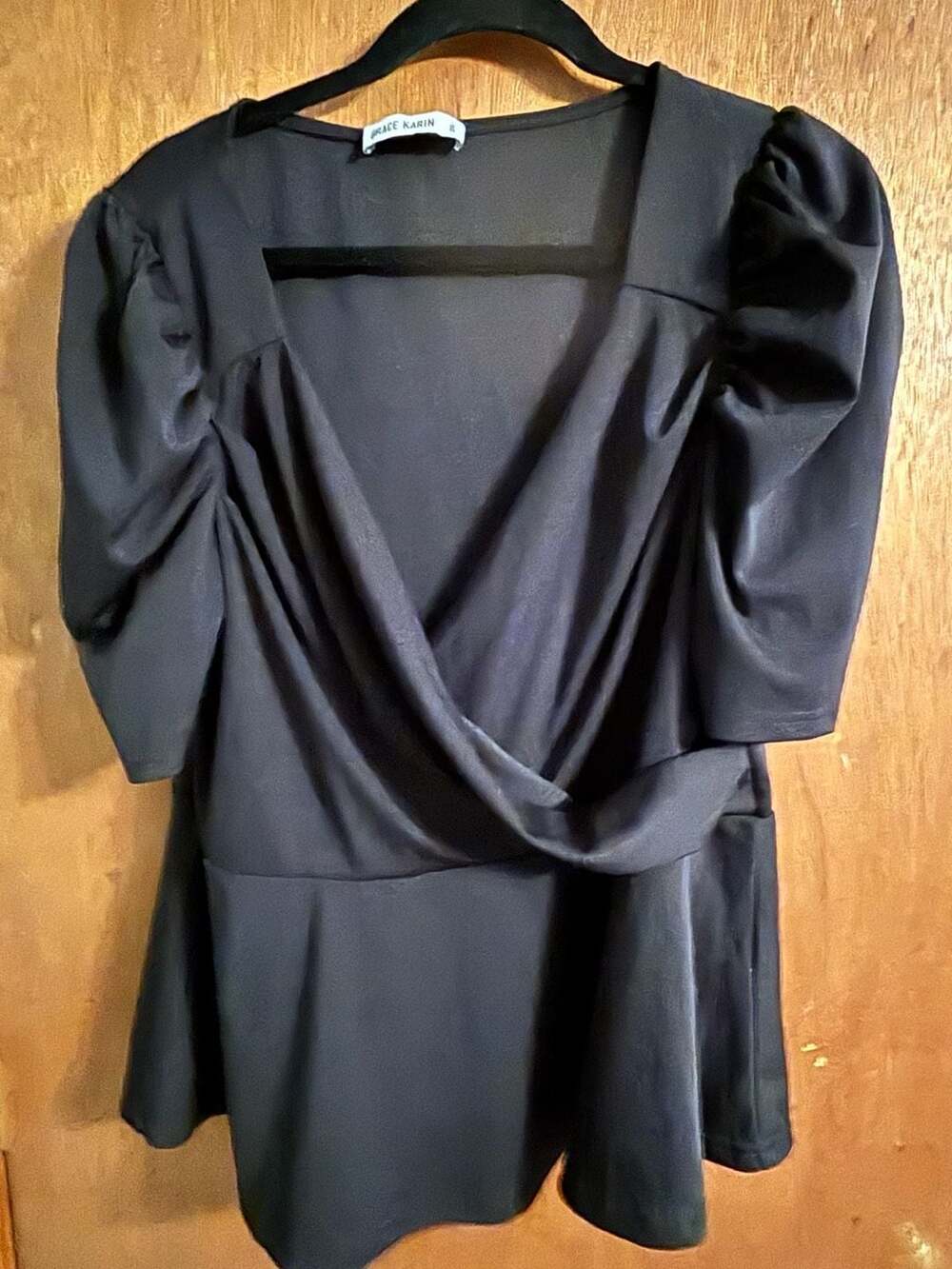 Grace Karin Black Short Sleeve V-Neck Peplum Wrap Blouse Size 2XL